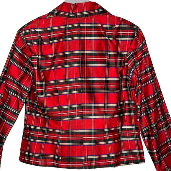 Vintage Painted Pony Red Tartan Plaid Silk Cropped Blazer Chunky Buttons Size 12 - Picture 8 of 16